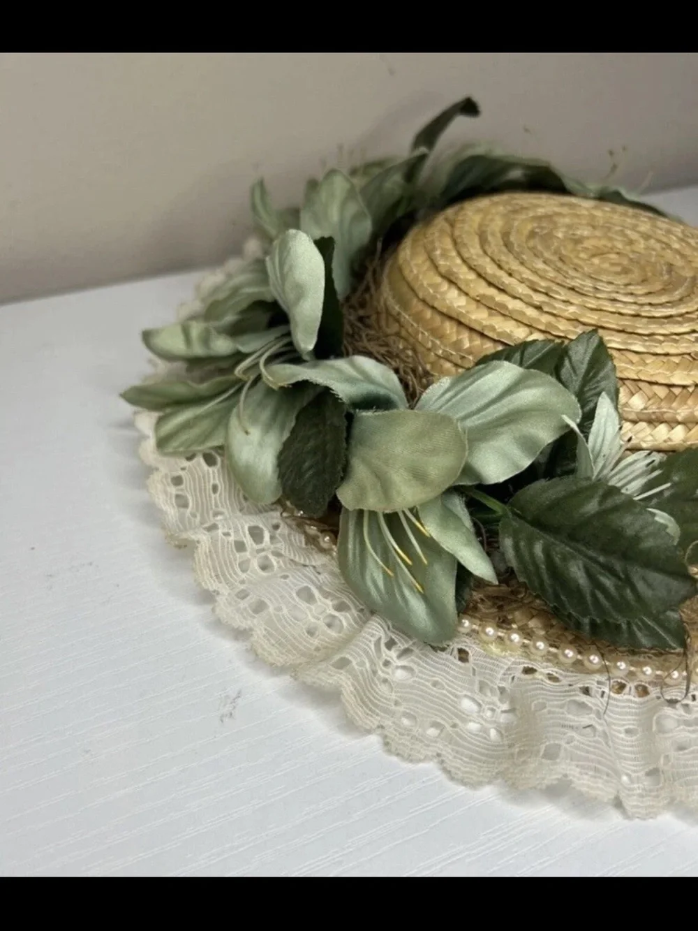 Vintage Victorian Hanging Green White Floral Lace Straw Hat / Doll Hat 10In